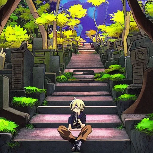 Image similar to “screenshot from anime film by makoto shintai, lush graveyard, sunny day, man alone grieving”