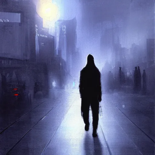 Image similar to digital art cyberpunk cityscape nighttime silhouette of young man in a hoodie in theforeground painted by turner 1860
