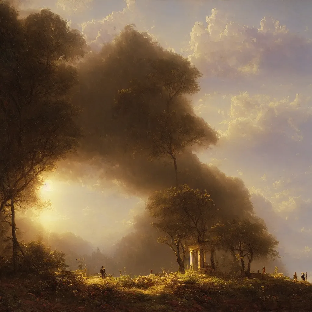 Prompt: a photograph of an impossible classical landscape ivan aivazovski, andreas achenbac
