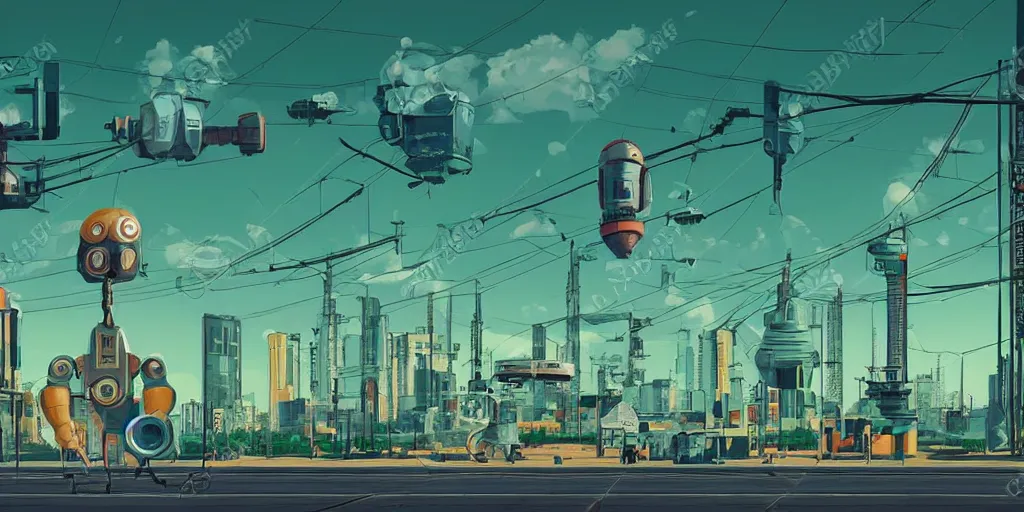 Image similar to retrofuturistic robot in panel post soviet city landscape in style of Simon Stalenhag, green colour scheme