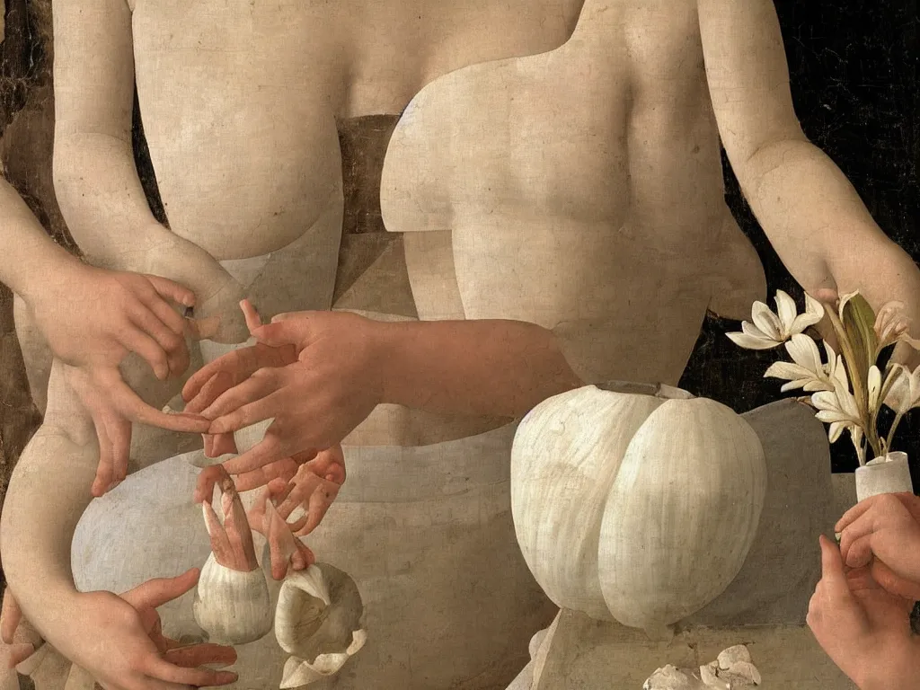 Prompt: Close up of delicate hands holding lily flower, white water jug, nipple, dress, conch shell, moth. Roman painting, painting by Piero della Francesca, Morandi