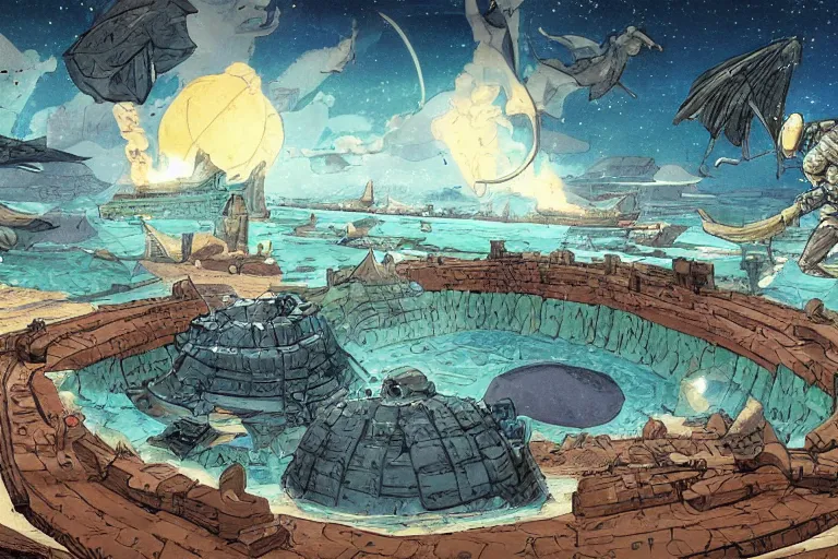 Prompt: a land outside of time and space with floating sands and flying beasts with a Fort in the middle and water tunnels below, a man standing watching over, comic book style