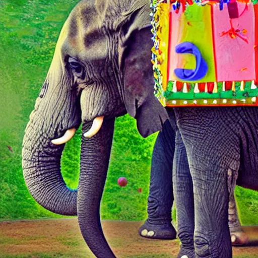 Image similar to three elephants having a cool birthday party, photo, highly detailed