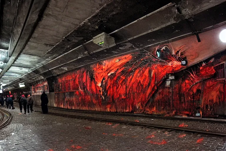 Image similar to very large giant mutant zombie irradiated angry rat sraying on railways in tonnel of moscow subway. extreme high detail, very realistic. low dark light, scary mood. hermann nitsch