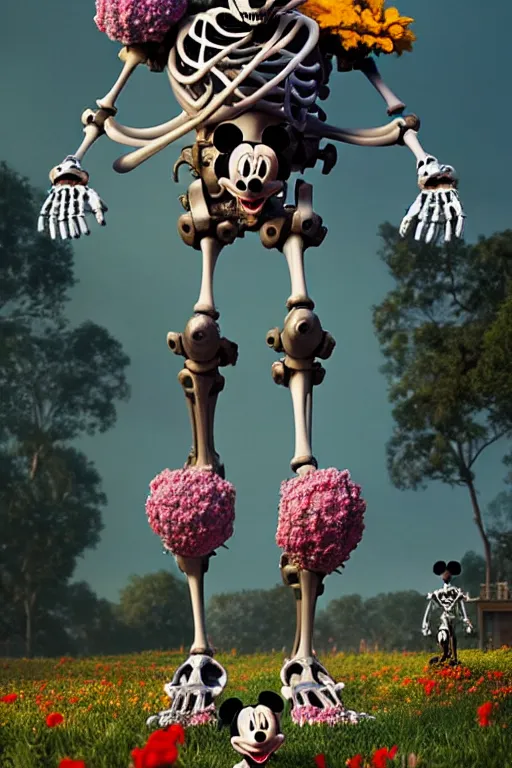 Image similar to a skeletal, mickey mouse made out of flowers and bones, taking a giant robot for a walk by beeple, nychos and arcimboldo, highly detailed octane render