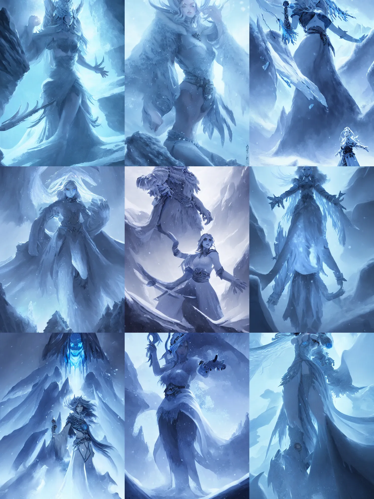 Prompt: a giant vengeful ice revenant lady, looming over a group of 5 adventurers, in the snow mountains, high fantasy, monochromatic blue, smooth, sharp focus, high fantasy, dnd, digital painting, by rossdraws, artstationhd