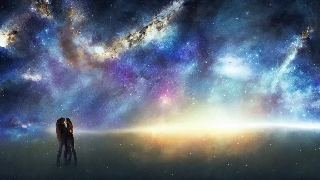 Prompt: two people kissing in space, milky way, concept art, ethereal, mystical feel, artstation, glow in stars, fog in background, meteor shower on the side, planets on the distant, cinematic scenery,