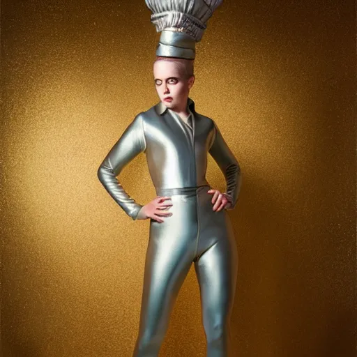 Prompt: sacha goldberger, curiosities carnival studio shot, soft paint of a single beautiful female full very tight long metallic suit ornate, accurate features, focus, very intricate ultrafine details, award winning masterpiece