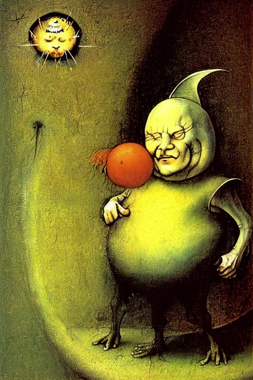 Prompt: hieronymus bosch, brian froud, painting of humpty dumpty