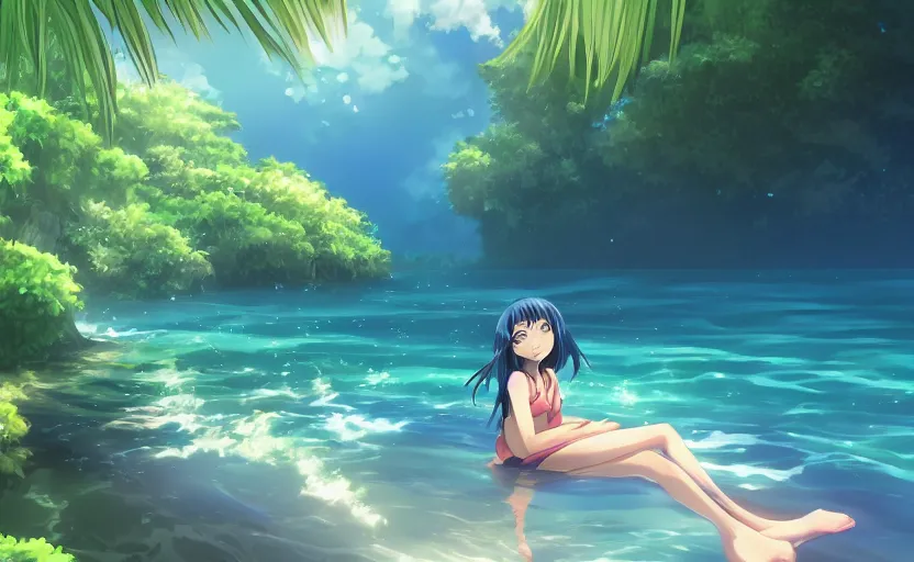 Prompt: An anime girl swimming through a tropical ocean, anime scenery by Makoto Shinkai, digital art