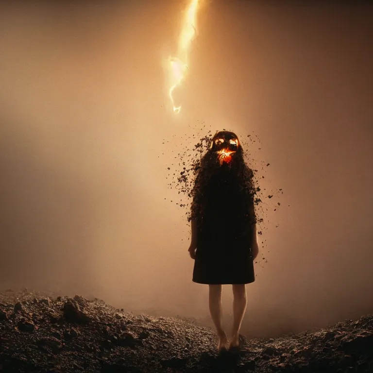 Prompt: The full body shot of beautiful pale woman with many eyes flowers and full-face golden mask inside a thick black smoke in rocky desert landscape, glowing eyes, falling star on the horizon, burning earth by Gaspar Noe and Christopher Doyle, anamorphic lens, anamorphic lens flares, kodakchrome, cinematic composition, practical effects, award winning photo, 8k