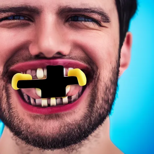 Prompt: photograph of smiling man with christian cross inside his mouth, 8k resolution, high detail, ULTRA REALISTIC VFX, reflections