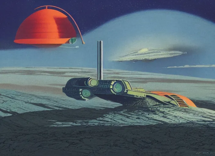 Prompt: a huge vividly - coloured spacecraft in an empty landscape by dean ellis, peter elson, david a hardy, angus mckie, bruce pennington, 1 9 8 0 s retro sci - fi art