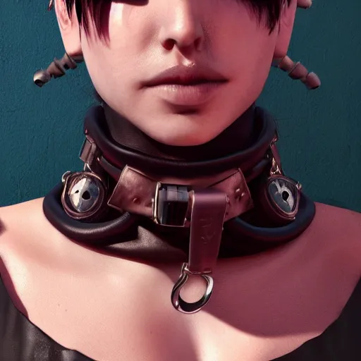 Prompt: detailed realistic female character cyberpunk wearing thick leather collar around neck, realistic, art, beautiful, 4K, collar, choker, collar around neck, punk, artstation, detailed, female, woman, choker, cyberpunk, punk, collar, choker, collar around neck,