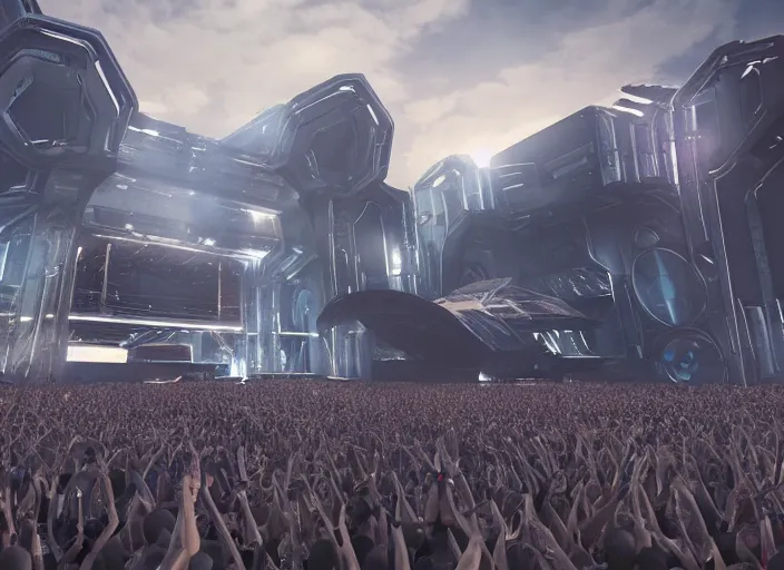 Prompt: ultra realistic, mainstage of harder styles music festival in 2 0 5 0, futuristic, brutalism, octane render, sharp focus cinematic lighting, dramatic perspective, highly detailed, 4 k, 8 k