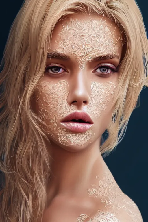 Prompt: beautiful blonde young woman's face, intricate, synth-wave, retrowave, highly-detailed, elegant, dramatic lighting, gorgeous face, lifelike, photorealistic face, long luxurious intricate gown, digital painting, artstation, illustration, concept art, smooth, sharp focus, art by Craig Russel, Barry Smith, artgerm, and Albert Aublet and Krenz Cushart and Artem Demura and Alphonse Mucha