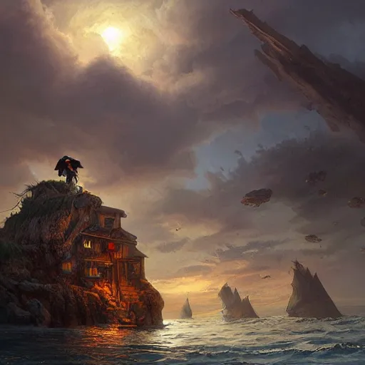 Prompt: a lone pirate captain stands in an island, matte painting by Thomas Kincaid, Greg rutkowski