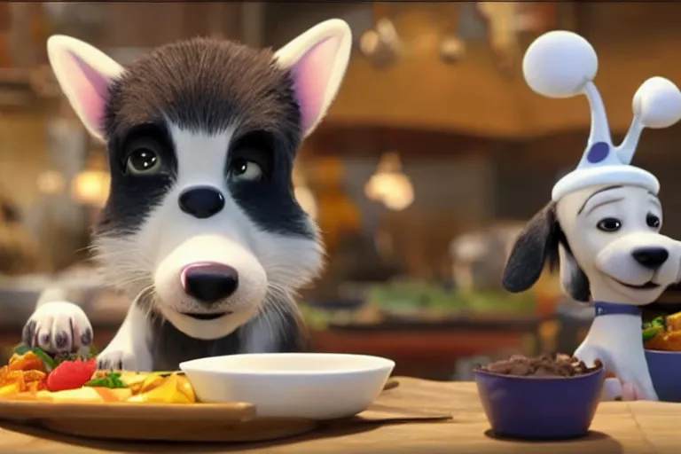 Prompt: promotional image of a puppy as a chef in the new pixar movie, movie still frame, promotional image, imax 70 mm footage