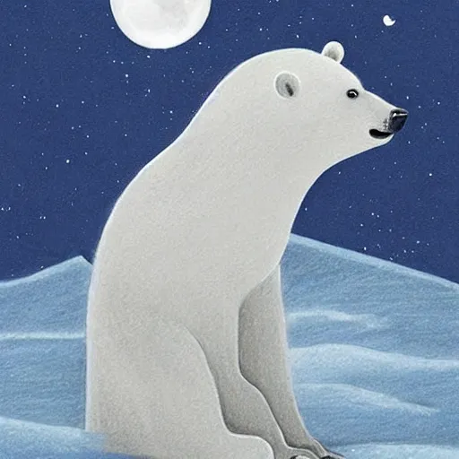 Prompt: a drawing of a polar bear with a crescent moon in the background, a storybook illustration by hong ren, featured on tumblr, massurrealism, art on instagram, dark and mysterious, cosmic horror