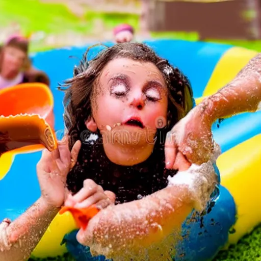 Image similar to person sliding through chocolate pudding head first, slip n slide, stock photography, no watermark