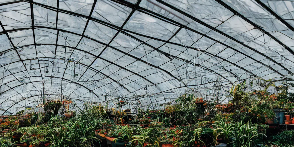 Prompt: geodesic dome greenhouse interior, bright colors, cinematic, cyberpunk, smooth, chrome, lofi, calming, dramatic, studio ghibli, high contrast, epic composition, hyper realistic, concept art, XF IQ4, 150MP, 50mm, F1.4, ISO 200, 1/160s, natural light, photolab