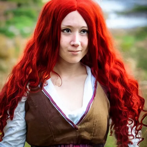 Image similar to woman with long curly red hair in villager cosplay from super smash brothers video game. relaxed. realistic photo. cosplay photoshoot. high detail. convention photo.