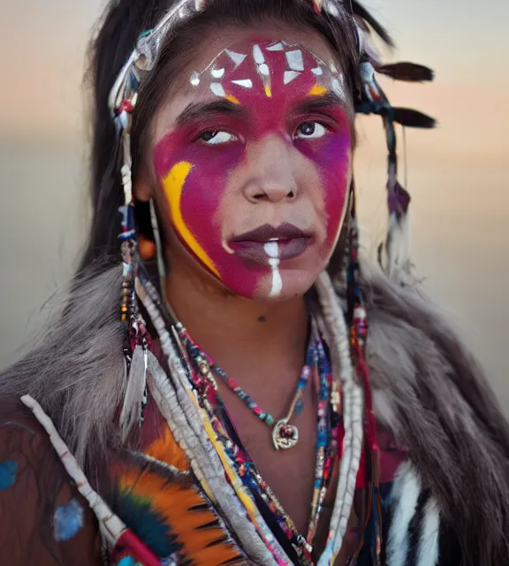 Prompt: A high-quality photorealistic face-centered portrait of a beautiful young native american navajo woman wearing face paint at sunset, by Steve McCurry and Brian Ingram and Annie Leibovitz, trending on flickr, trending on deviantArt