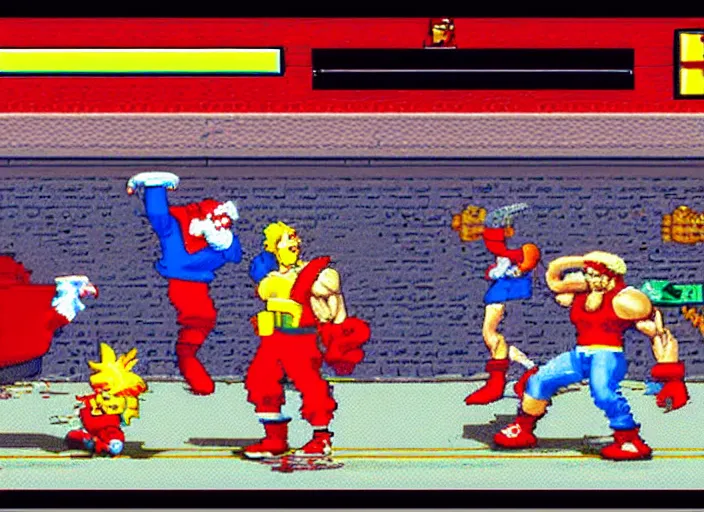 Image similar to screenshot of ronald mcdonald, white face, red afro, red nose and yellow outfit as an enemy in streets of rage video game, sega genesis video game