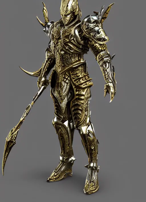 Image similar to a photorealistic 3D render of a full body dark side knight (as an archetypal DnD isekai Demon Lord) wearing armor made of gold and silver, inspired by Elden Ring, unreal engine, octane render, cinematic lighting, a sense of evil, hard surface character concept art, character design, hyper realism, high detail, depth of field, stunning cgsociety, HD, HDR, 4k