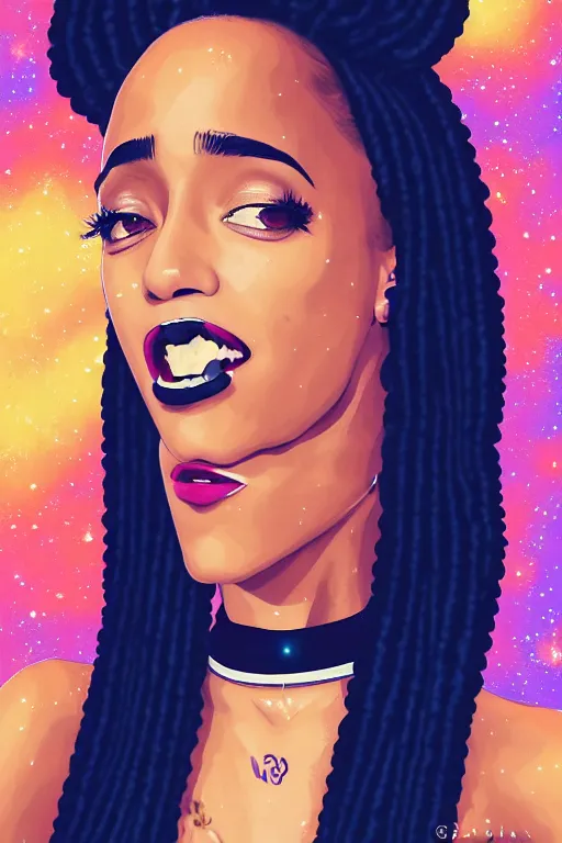 Image similar to paparazzi photo of Doja Cat on basketball court in outer space, beautiful beautiful beautiful beautiful beautiful beautiful beautiful digital art, a full body portrait, looking at camera, D&D, choker on neck, stylish, very long flowing hair, intricate, elegant, stylish, cute slightly nerdy smile, mouth slightly open, fantasy, extremely detailed, digital painting, artstation, concept art, smooth, sharp focus, illustration, stunning lighting, art by artgerm and greg rutkowski and alphonse mucha and simon stalenhag