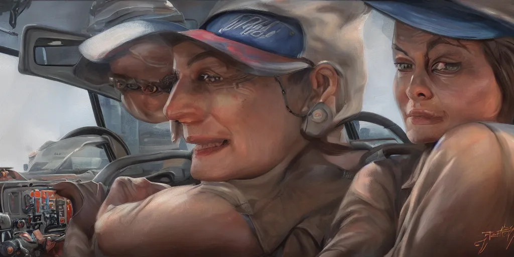 Image similar to highly detailed portrait painting of truck driver and angelina joile by eddie mendoza and tyler edlin, 8 k resolution