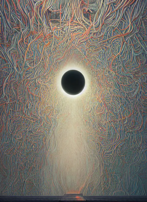 Image similar to A wall made out of eyes, flat, neon, RGB, glowing wires everywhere, pristine, by Edgar Maxence and Ross Tran, Zdzisław Beksiński, and Michael Whelan, gustav dore, H.R. Giger, 8k, octane render