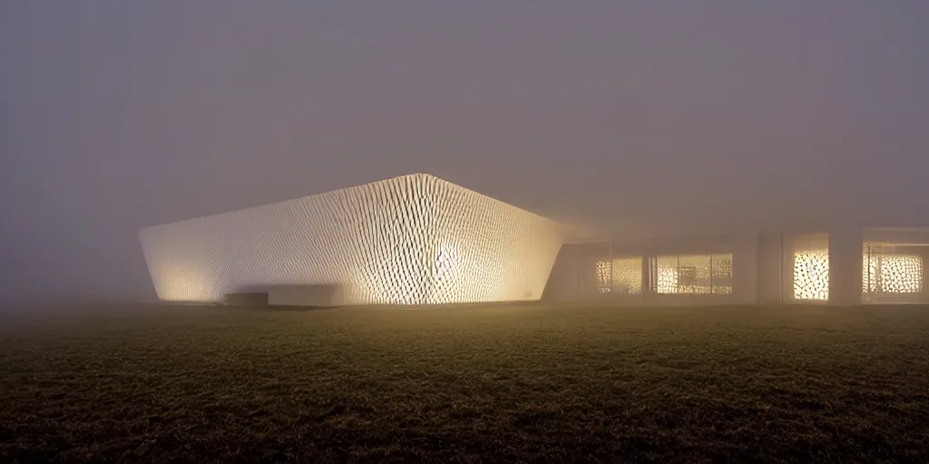 Image similar to white honeycomb organic illuminated building with warm illumination inside by kendall buster sits on the field evening atmosphere in low fog, 4 k, insanely quality, highly detailed, telephoto lens, shallow depth of field