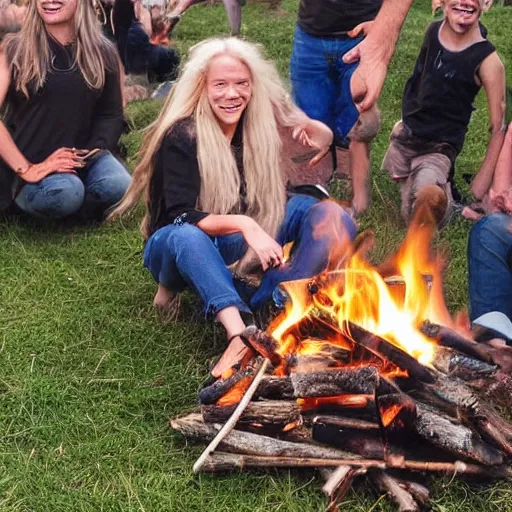 Image similar to photo of hillbilly smiling with long blonde hair around a bonfire, symmetric face