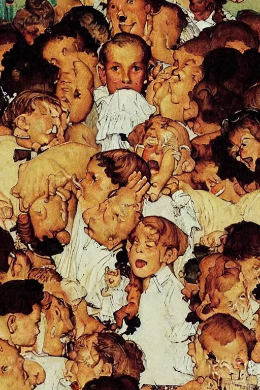 Prompt: sad lions dancing with angels by norman rockwell