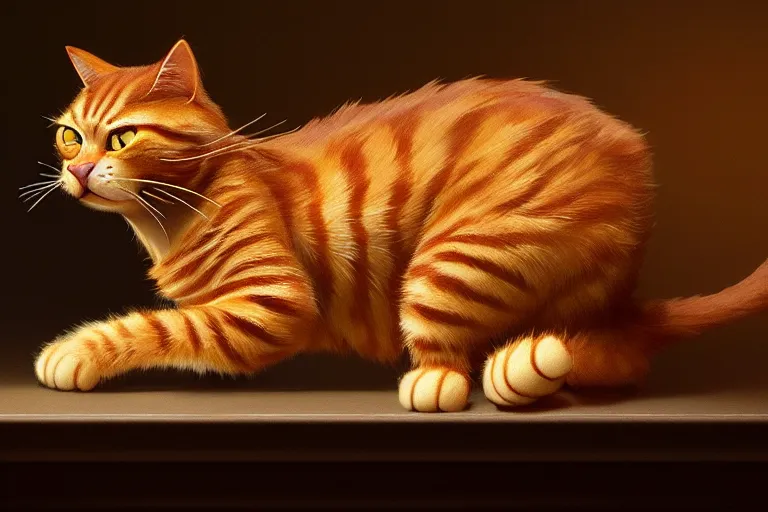 Image similar to garfield the cat, made from lasagna, hyper detailed, digital art, artstation, cinematic lighting, studio quality, smooth render, by caravaggio, artgerm, greg rutkowski