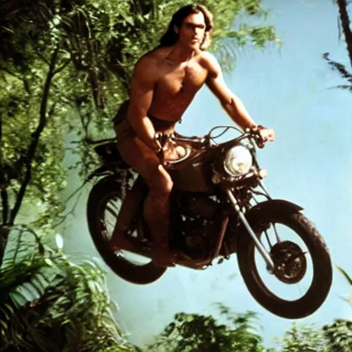 Prompt: photo of tarzan riding a motorbike