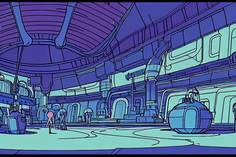 Prompt: a scifi illustration, factory interior. seen from ceiling, extreme angle. vats of fluid. flat colors, limited palette in FANTASTIC PLANET La planète sauvage animation by René Laloux