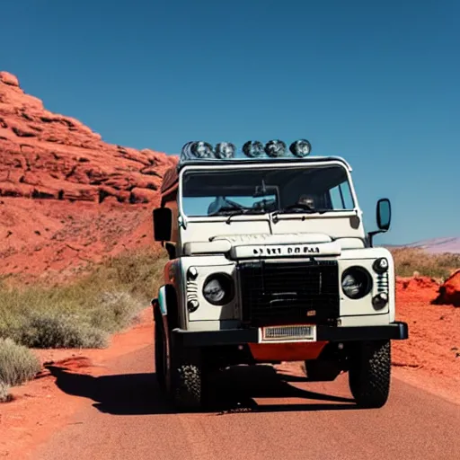 Image similar to a vintage land rover defender drives along a 2 lane road in the valley of fire