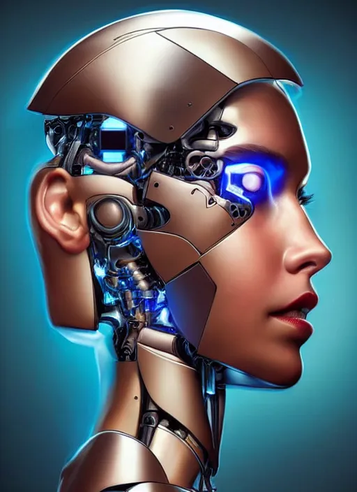 Prompt: portrait of a cyborg woman who turns her head to the ((((((right))))) left+350.1 (((((up))))) (((((down))))) by Artgerm,eyes closed , biomechanical, hyper detailled, trending on artstation