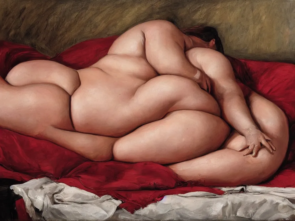 Image similar to Jenny Saville curvy female body on a red bed