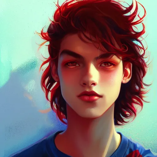 Image similar to colorful and festive captivating teenager with straight brown hair covering his eye, dark skin, big lips, big eyes, wearing a red t - shirt. rich vivid colors, ambient lighting, dynamic lighting, 4 k, atmospheric lighting, painted, intricate, highly detailed by charlie bowater