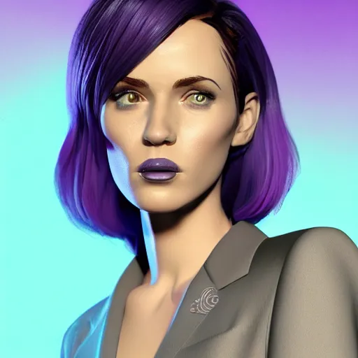 Image similar to stylish woman cartoon portrait made out of rain, pinstripe suit, short purple hair, galactic background, rendered in octane, unreal engine, highly detailed, trending on artstation, realistic, neon, beautiful