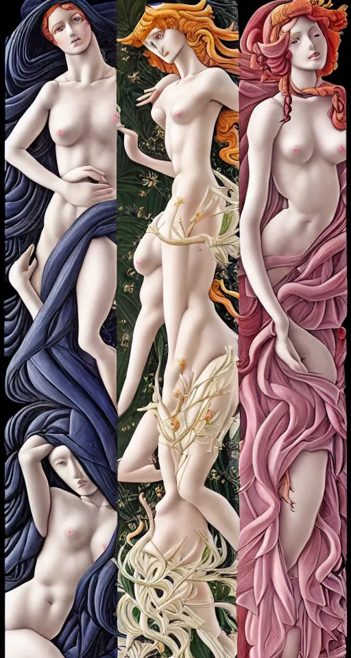 Image similar to 12 figures, representing the 4 seasons, (Spring, Summer, Autumn and Winter), in a mixed style of Botticelli and Æon Flux!!, inspired by pre-raphaelite paintings, shoujo manga, and cyberpunk!, stunningly detailed, elaborate inking lines, pastel colors, 4K photorealistic