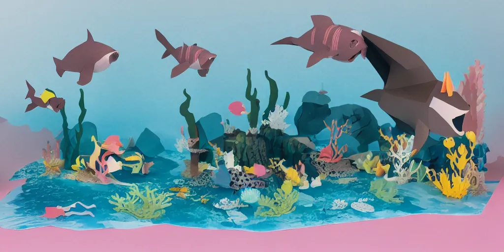 Image similar to paper craft diorama of an underwater party with a king shark and a mermaid