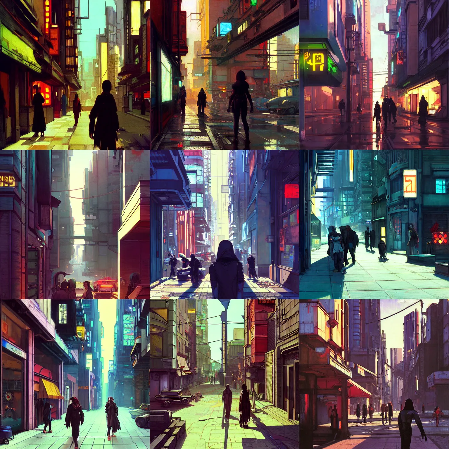 Prompt: A cyberpunk street scene painted by John William Waterhouse and Ilya Kuvshinov and Edward Hopper. HD