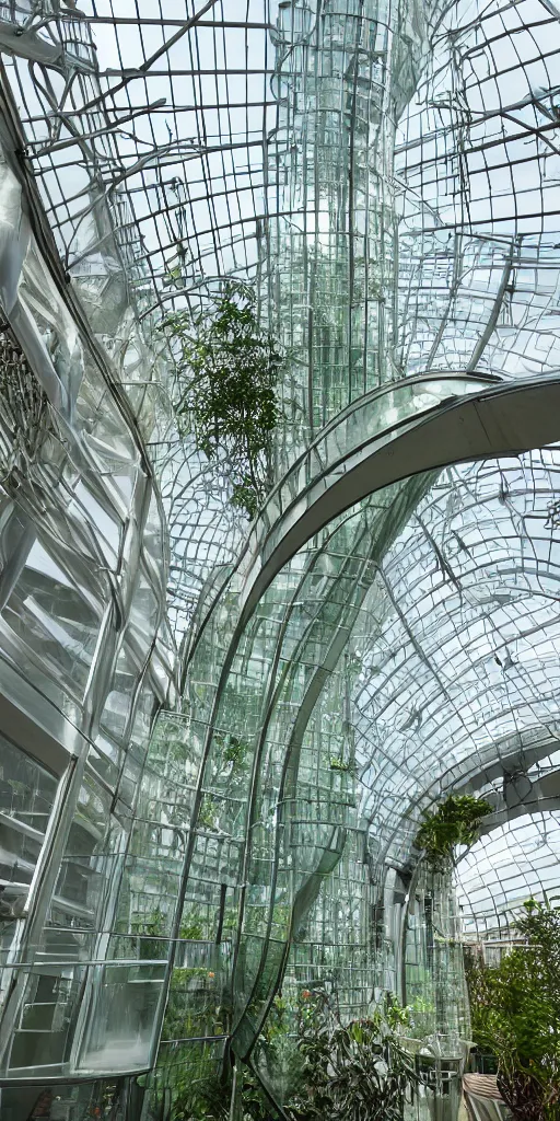 Prompt: we live in a glass - walled greenhouse shaped like a vertical helix, architecture