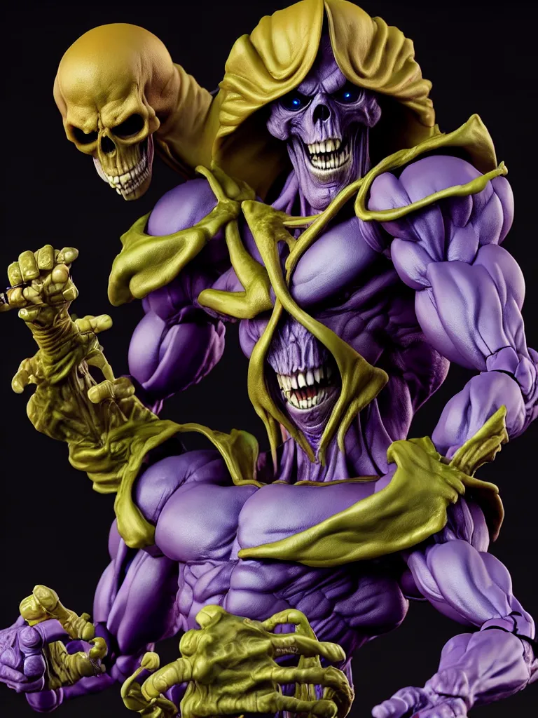 Image similar to hyperrealistic rendering, skeletor by bernie wrightson and killian eng and joe fenton, product photography, action figure, sofubi, studio lighting, colored gels