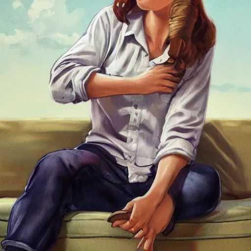 Prompt: ' ellie'from'the last of us'sitting on a couch, next to the sea, wearing a white button up shirt, vintage pin - up painted by jc leyendecker