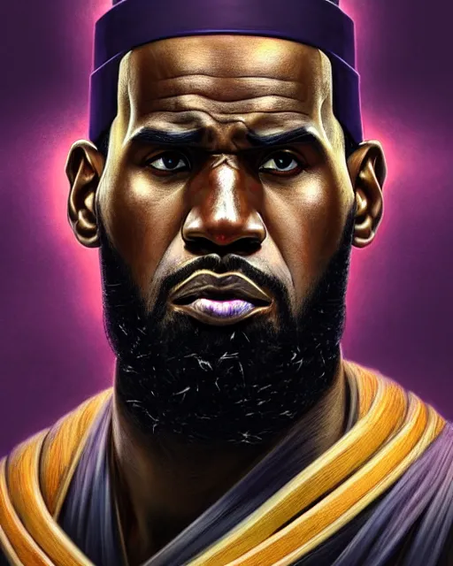 Prompt: face portrait of lebron james as a muscular ronin samurai, wearing a haori, by wlop and peter mohrbacher, dramatic action pose, extremely detailed shading, concept art, digital painting, trending on artstation, unreal engine 5, octane render, atmosphere, glow, cinematic lighting, full of color